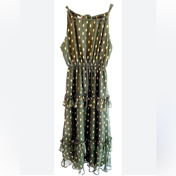Endless Ross Gold Polka Dot Tie Back Halter Ruffle Maxi Dress NWT Size: Large - Picture 1 of 12